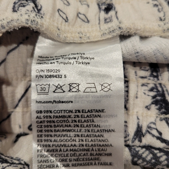 H&M Size L Cream/black Boho Cotton Blend Drawstring Wide Leg Pants - Picture 6 of 7